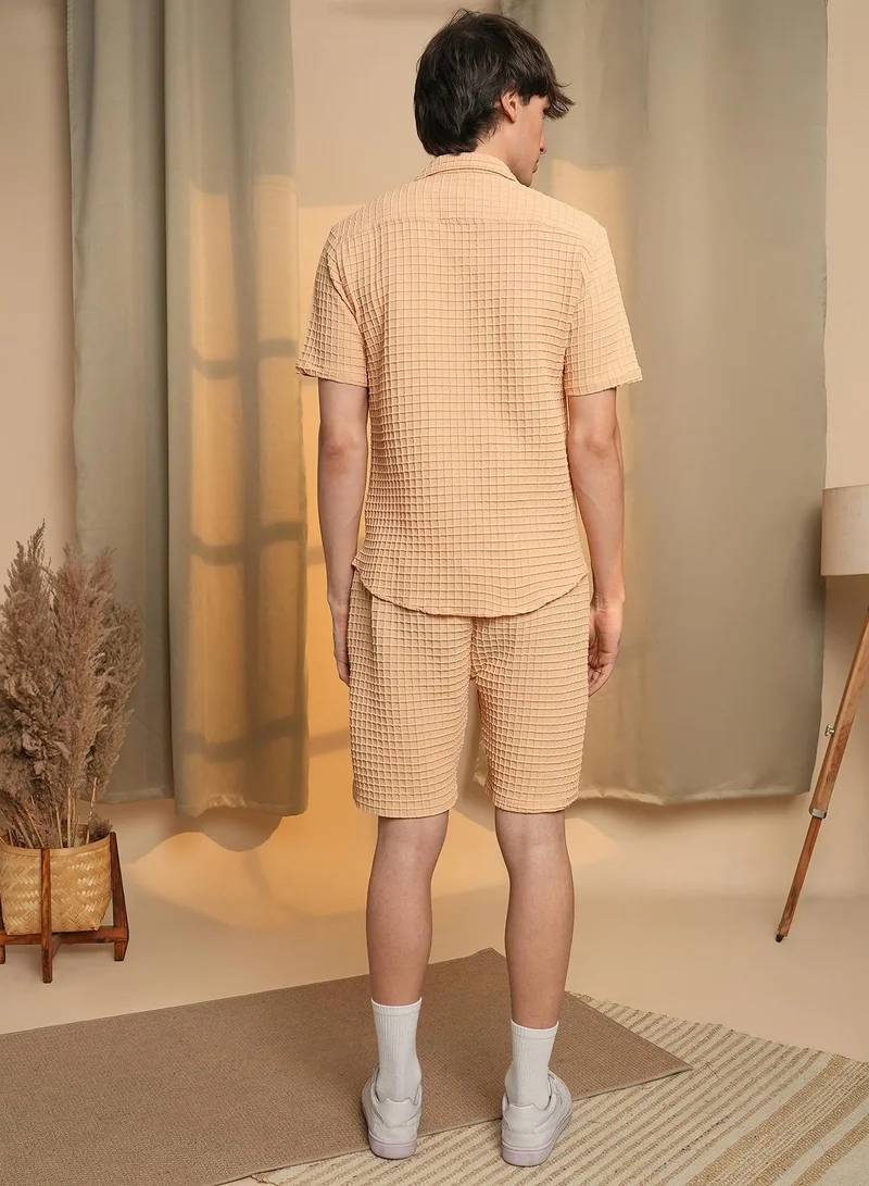 CAHOOT  Men's Canvas Beige Waffle-Textured Co-Ord Set For Casual Wear | Cuban Collar | Short Sleeve | Button Closure | Co-Ords Crafted With Comfort Fit For Everyday Wear for Men | Best Price UAE
